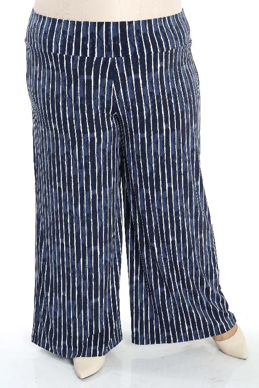 women's chic pantsVikki Vi Jersey Navy Pinstripe Wide Leg Pant