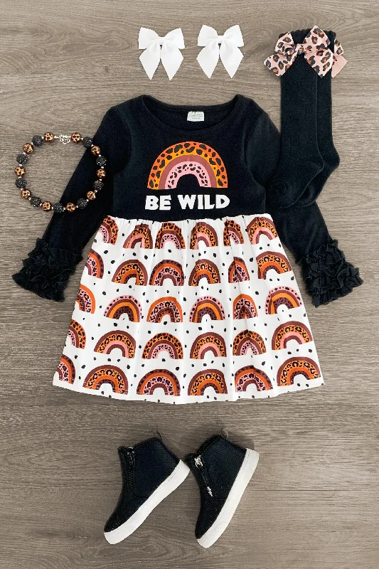 High-Neck Dress"Be Wild" Leopard Doodle Rainbow Dress