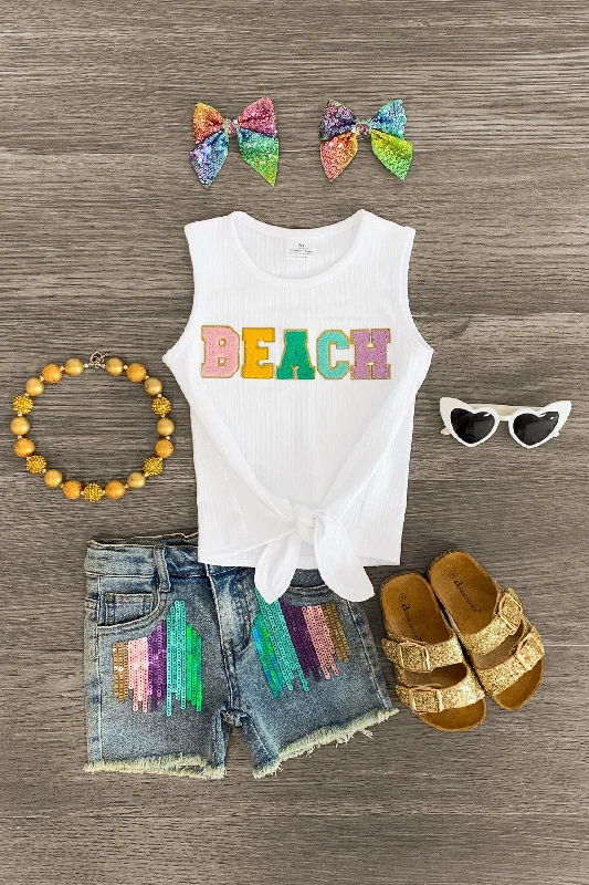 Sweetheart Neckline Dress"Beach" Sequin Denim Short Set