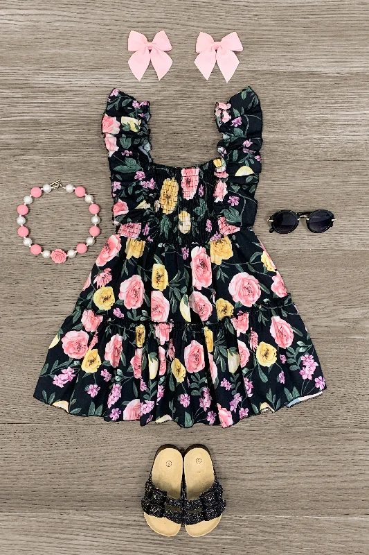 women's lightweight dressesBlack Floral Chiffon Dress