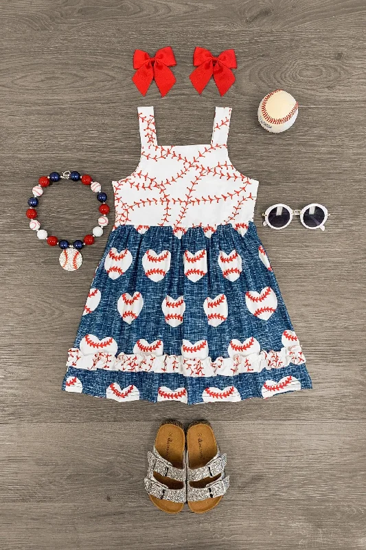 Statement DressBlue & White Baseball Heart Dress