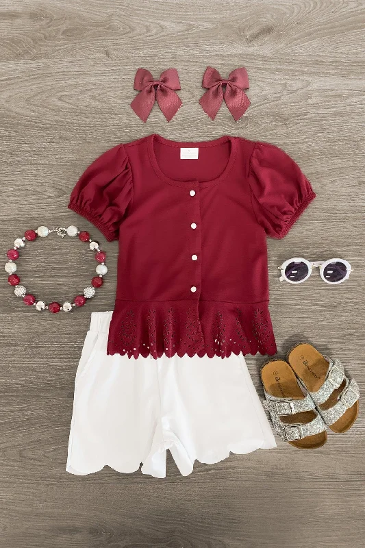 High-Neck DressBurgundy & White Scalloped Short Set