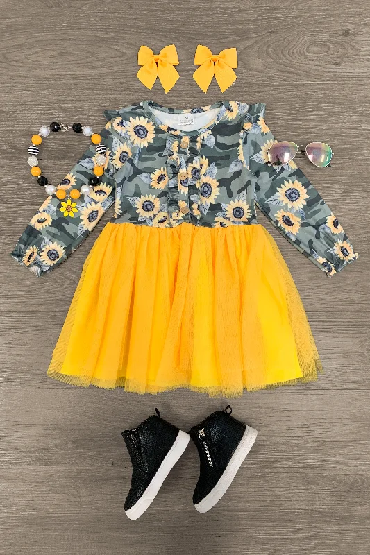 women's casual dressesCamo Sunflower Long Sleeve Tutu Dress