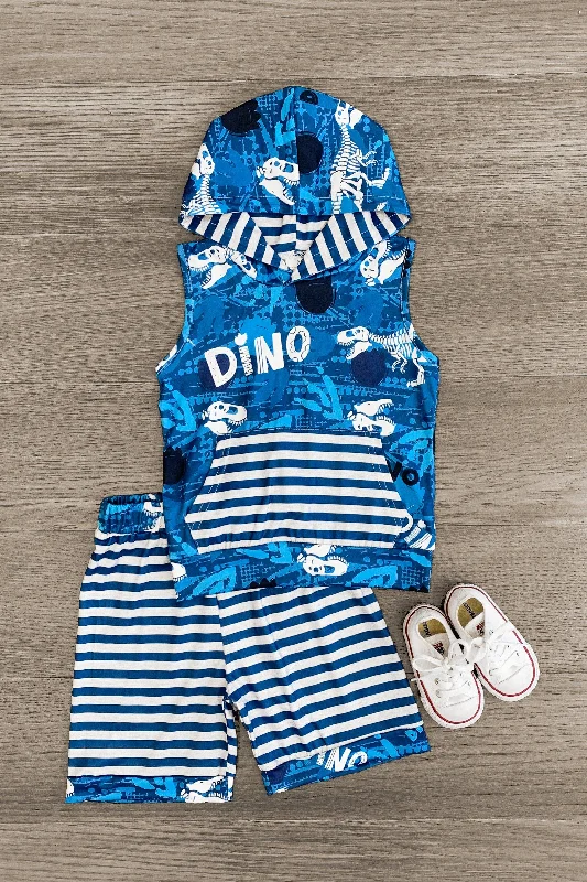 women's body-skimming dresses"Dino" Striped Sleeveless Hoodie Short Set