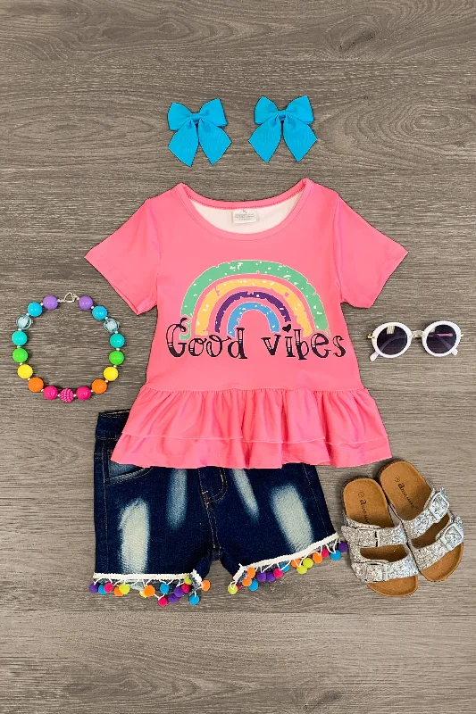 Tall Women Dress"Good Vibes" Pink Ruffle Pom Pom Short Set