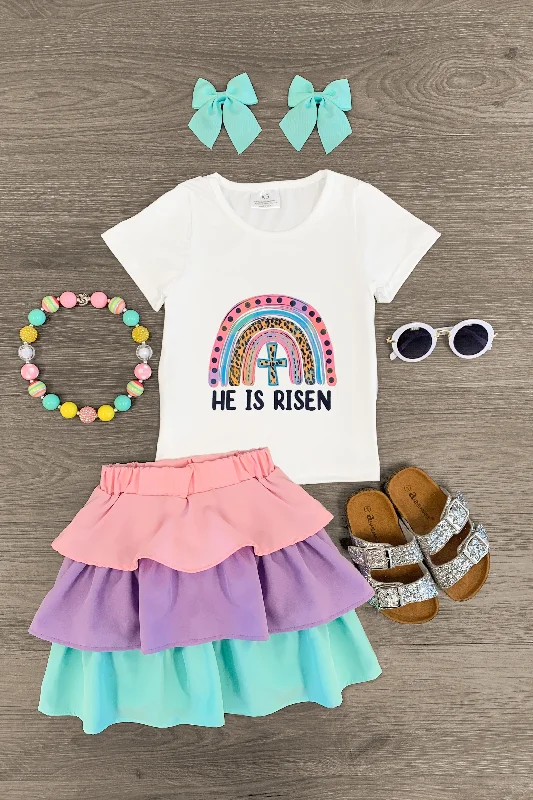 Peter Pan Collar Dress"He Is Risen" Pink, Purple, Mint Skirt Set