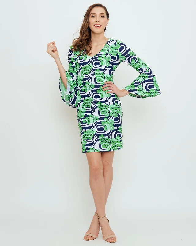 Body-Hugging DressLeyte Bell Sleeve Dress in Kelly Green Optic Hibiscus