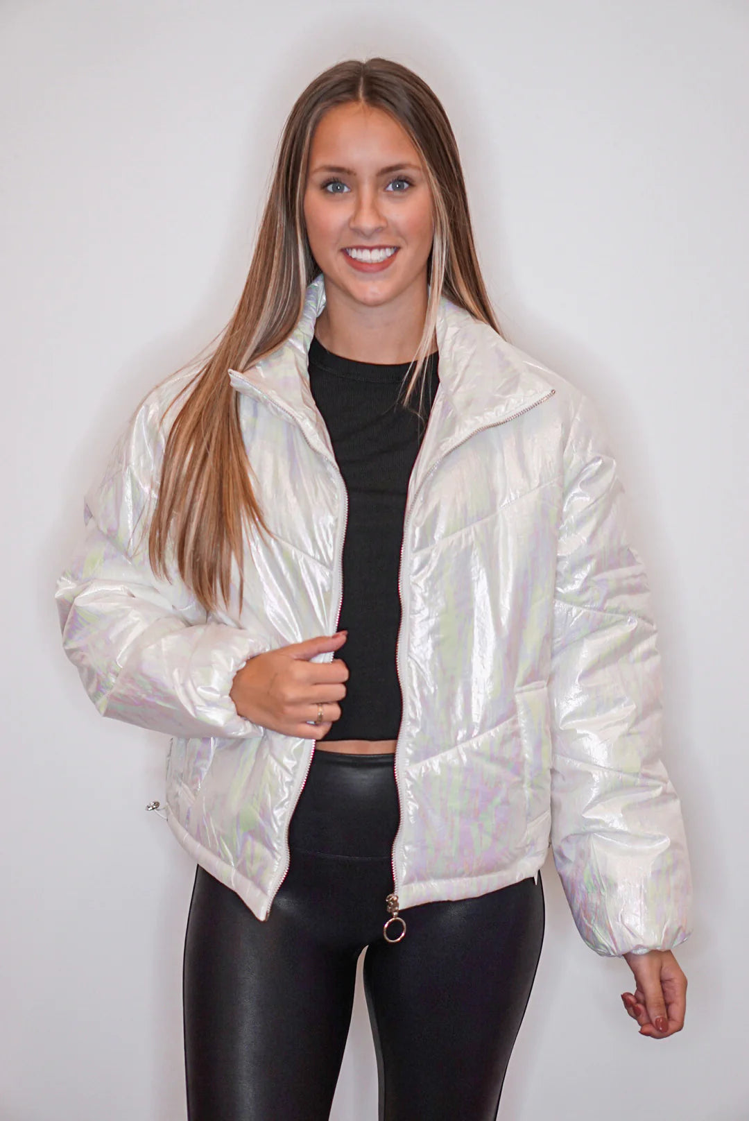 women's cinched-waist dressesMetallic Trends White Puffer Jacket