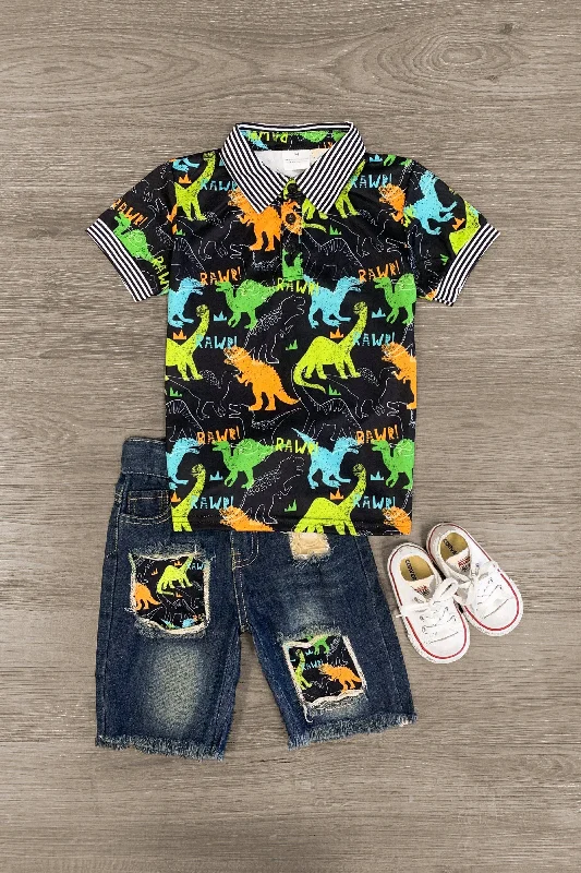 women's fair-trade dresses"Rawr!" Dinosaur Distressed Denim Short Set