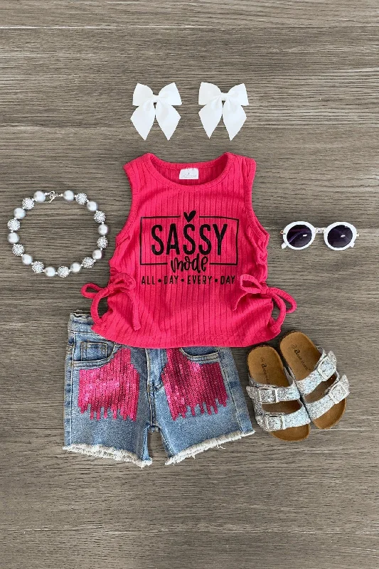 women's denim dresses"Sassy Mode" Pink Denim Short Set