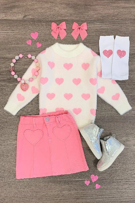 women's cinched-waist dressesWhite & Pink Heart Denim Skirt Set