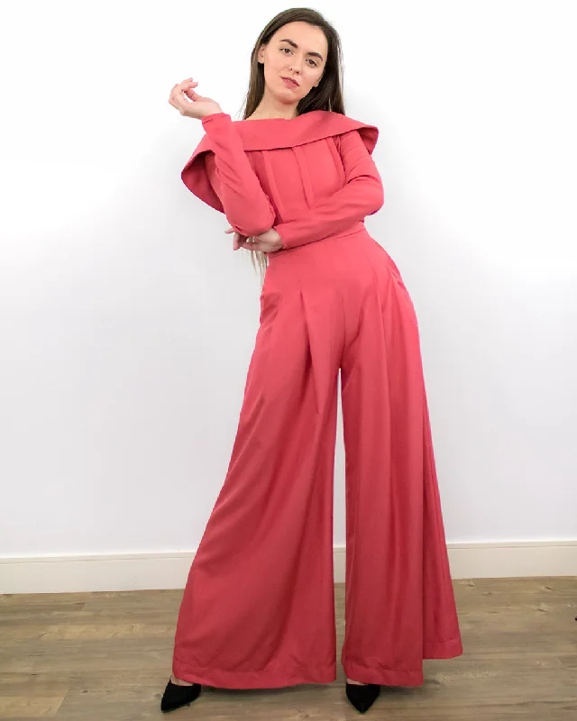 women's jumpsuits with Peter Pan collarsKea Rose Red Wide-Leg Long Sleeve Jumpsuit