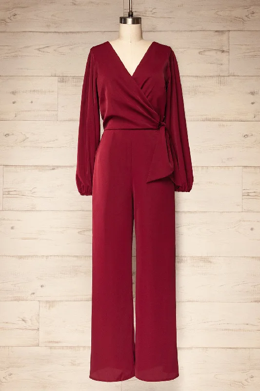 women's jumpsuits for wrinkle-resistant materialsNantwich Burgundy | Silky Long-Sleeved Jumpsuit