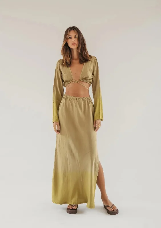 women's woven skirtsADELE MAXI SKIRT - CURRY & OLIVE OIL OMBRE