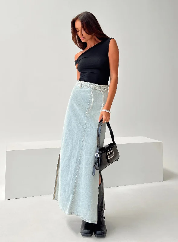 women's zip-front midi skirts for eventsBrandee Tie Front Denim Maxi Skirt Light Wash