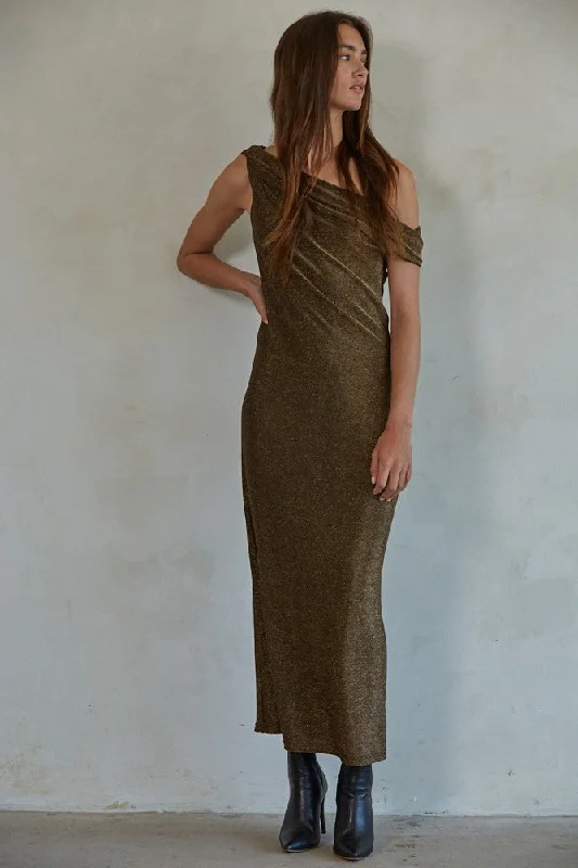 women's business skirtsMetallic Bronze Off Shoulder Maxi Dress